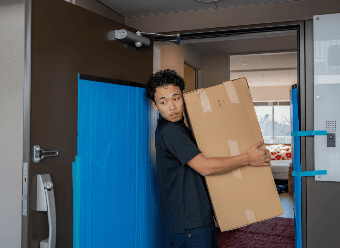 玄関から段ボールを運び出すスタッフ